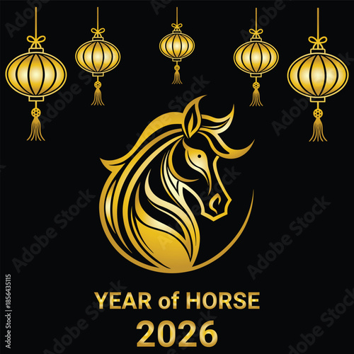 Year of the Horse 2026 Golden Zodiac Illustration with Lanterns for Chinese New Year