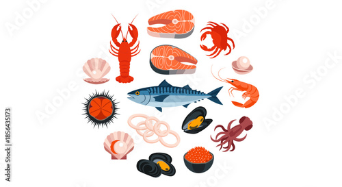Modern flat seafood and marine animals vector collection isolated on white background