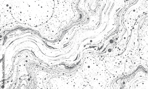 Black and White Abstract Grainy Texture Background with Flowing Lines and Scattered Dots.