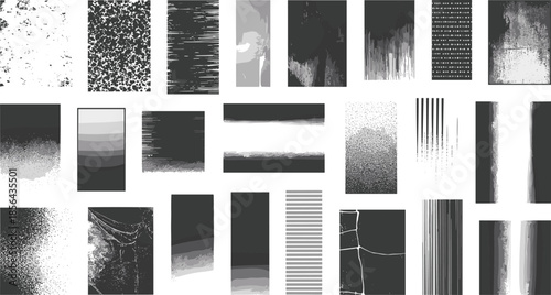 Abstract grunge texture vector illustration set with distressed noise, scratches and ink patterns, black and white overlay backgrounds for design, print, digital art