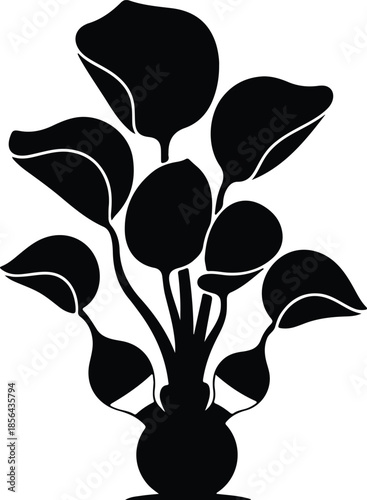 Silhouette of a lush green potted plant with large leaves Vector Illustration
