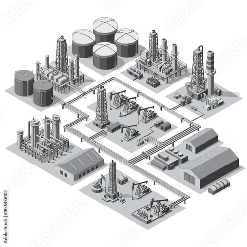 Isometric illustration of an extensive oil and gas industrial complex with derricks, refineries, storage tanks, and pipelines.