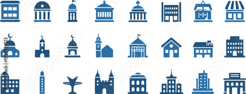 City building icons vector illustration set with government, landmarks, shops and urban architecture symbols, blue flat cityscape collection for maps, apps, infographic design