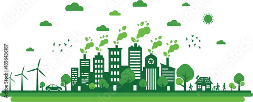 Green eco city illustration with renewable energy, sustainable buildings, clean environment, wind turbines, trees, solar homes, and eco-friendly urban lifestyle