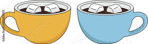 Hot chocolate, marshmallows, cozy, beverage, drink, comfort, warm, yellow cup, blue cup, illustration, graphic, winter, sweet, treat, minimal, concept, design, relaxing, duo, aesthetic