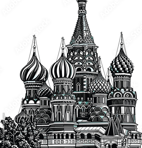 Iconic Saint Basil’s Cathedral illustration with detailed onion domes, historic Russian architecture, ornate cultural landmark design, black and white vector art