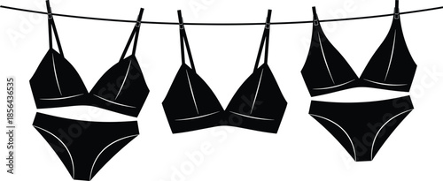 Lingerie, black, bra, panties, clothesline, drying, fashion, intimate, domestic, laundry, minimal, graphic, illustration, concept, set, hanging, silhouette, apparel, lifestyle, design
