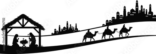 Nativity silhouette scene with stable, holy family, wise men on camels and distant town landscape, perfect for Christmas designs, religious art and decorations
