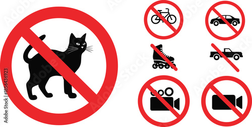 Prohibition signs illustration showing no pets, no vehicles, no bicycles, no skating, and no video recording symbols for safety and warning purposes