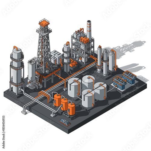 Isometric illustration of an industrial oil refinery or chemical plant with tanks and pipes.