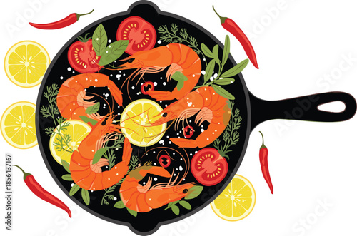 Shrimp skillet, seafood, illustration, cast iron, lemon, chili, herbs, tomato, garnish, cooked, food, concept, graphic, culinary, design, appetizing, colorful, spicy, fresh, meal, minimal