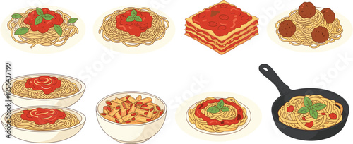 Delicious Italian pasta vector illustration set featuring spaghetti with tomato sauce meatballs lasagna penne and basil leaves in bowls and pan isolated on white