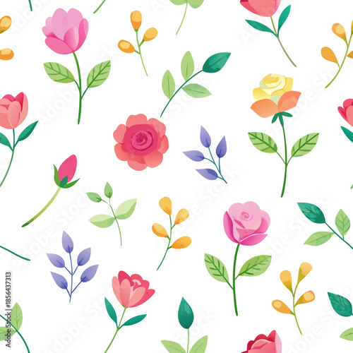 Seamless pattern with different water color flowers.
