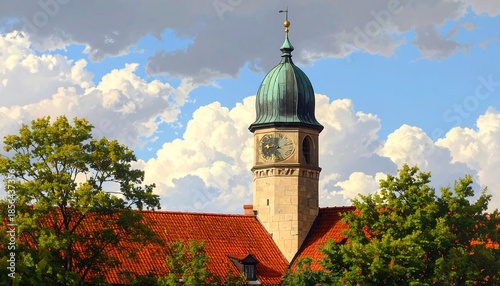 Classic clock tower with ornate copper dome and vibrant surrounding nature scene