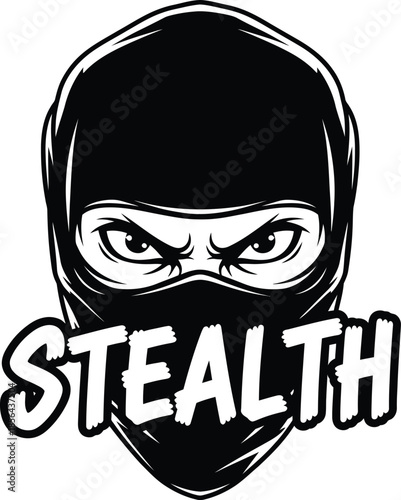 Black ninja mask illustration with Stealth text for security, gaming, and martial arts related designs on a transparent background.
