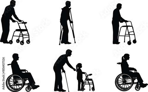 Silhouettes of disabled people using walkers, crutches, and wheelchairs, mobility support illustration showing rehabilitation, assistance, disability care and medical aid concepts