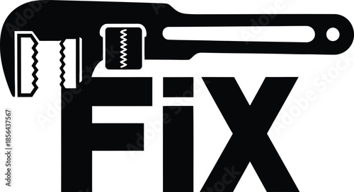 Black vector illustration of an adjustable wrench tool with Fix text for repair services and mechanic branding on a transparent background.
