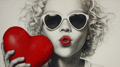 Colorful vintage greeting card Cupid wearing heart-shaped sunglasses. Valentine's Day concept.