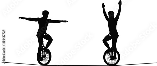 Unicycle, tightrope, balance, silhouette, coordination, skill, black, white, graphic, illustration, concept, minimal, stylized, performance, challenge, circus, posture, motion, equilibrium, set