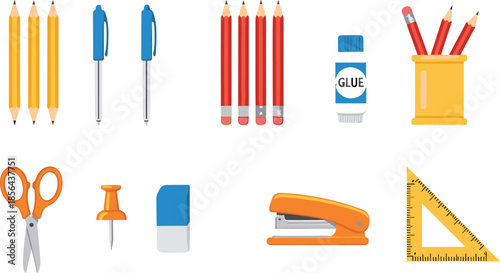 Stationery and school supplies vector illustration set featuring pencils pens glue scissors stapler eraser ruler and push pin isolated on white background for education design