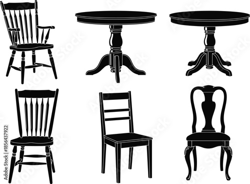 Vintage wooden chairs and round tables silhouette collection for furniture design, home decor illustration, interior decoration elements and classic woodworking artwork
