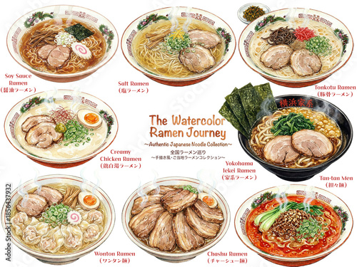 Japanese Ramen Collection: Watercolor Hand-drawn Style Regional Noodle Art Set