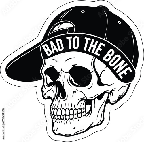 Cool skull wearing cap vector illustration with Bad To The Bone text for rebel and biker themes on a transparent background.