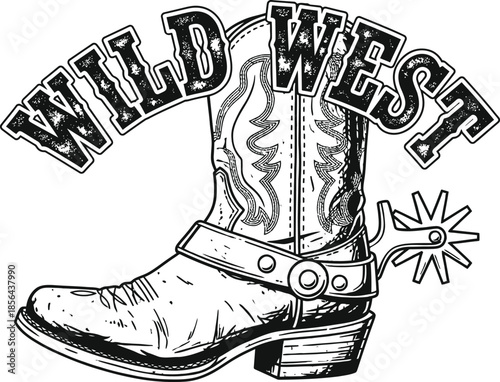 Cowboy boot vector illustration with Wild West text for rodeo and country music designs on a transparent background.