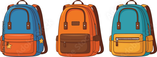 Colorful school backpack vector illustration set featuring blue orange and teal rucksacks with zippers and pockets isolated on white background for students education design