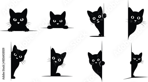 Set of Minimalist black cat peeking from behind wall silhouette vector icon