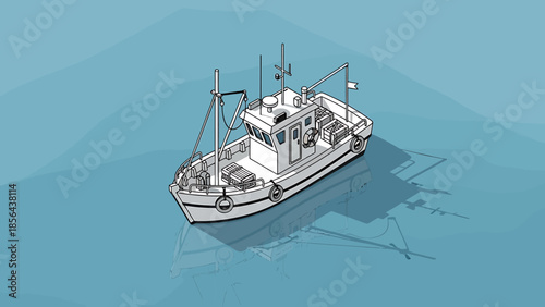 A detailed illustration of a small fishing boat with a cabin floating on calm blue water.