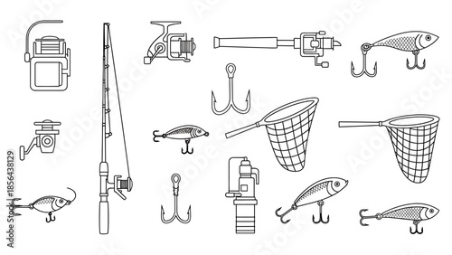 Collection of fishing gear and equipment in black and white line art style.
