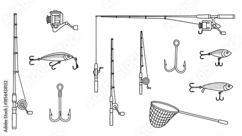 Collection of fishing equipment including rods, reels, lures, hooks, and a net, drawn in a detailed line art style.