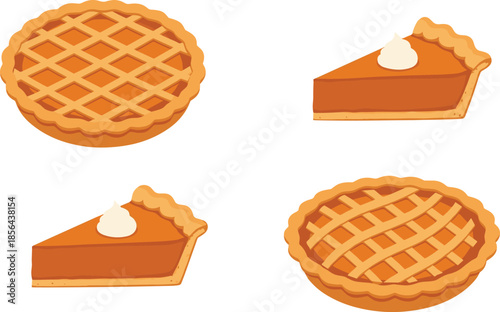 Delicious pumpkin pie vector illustration set featuring whole lattice crust pies and slices with whipped cream topping isolated on white background for thanksgiving design