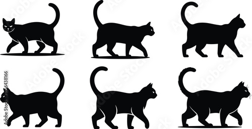 Set of Minimalist black cat walking with raised tail silhouette vector icon