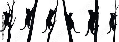 Set of Minimalist black cat climbing tree silhouette vector icon
