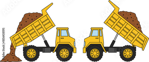 Yellow construction dump trucks unloading soil in industrial work site illustration showing heavy machinery operation, earthmoving equipment, transportation and building concept