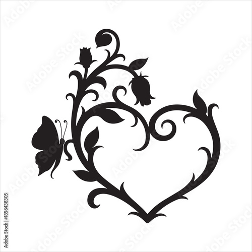 Retro floral rose heart with butterfly silhouette vector illustration valentine`s design