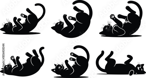 Minimalist black cat lying on back playing silhouette vector icon