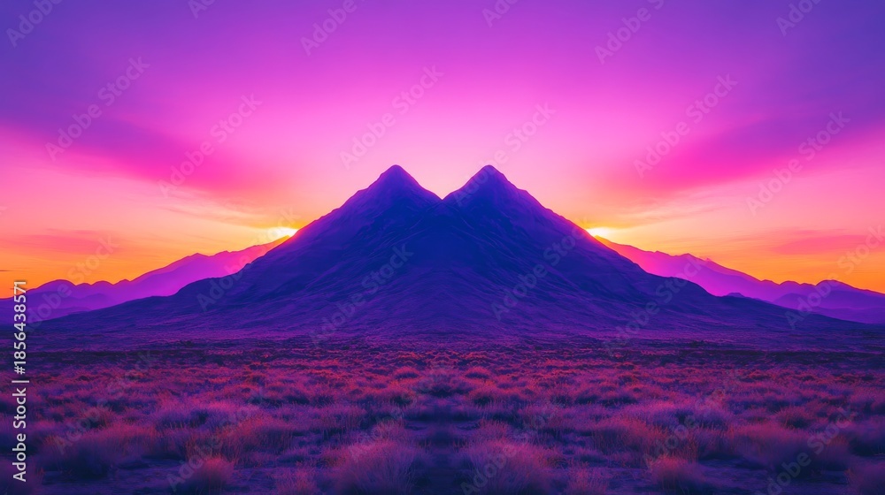 Obraz premium A stunning twilight scene where two majestic mountains rise against a vibrant sky. The colors blend beautifully for a serene atmosphere. Generative AI