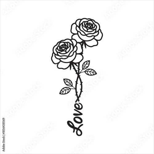 Black line art of love heart and rose on vector illustration