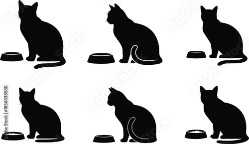 Set of Minimalist black cat sitting beside food bowl silhouette vector icon