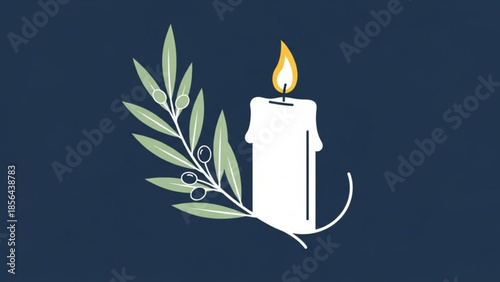 Peaceful ambiance with lit white candle and olive branch on dark blue background symbolizing hope and serenity in a simple elegant design