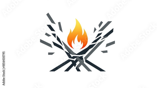 A stylized illustration of a campfire with broken sticks and a vibrant orange flame on a white background, symbolizing energy and outdoor adventure