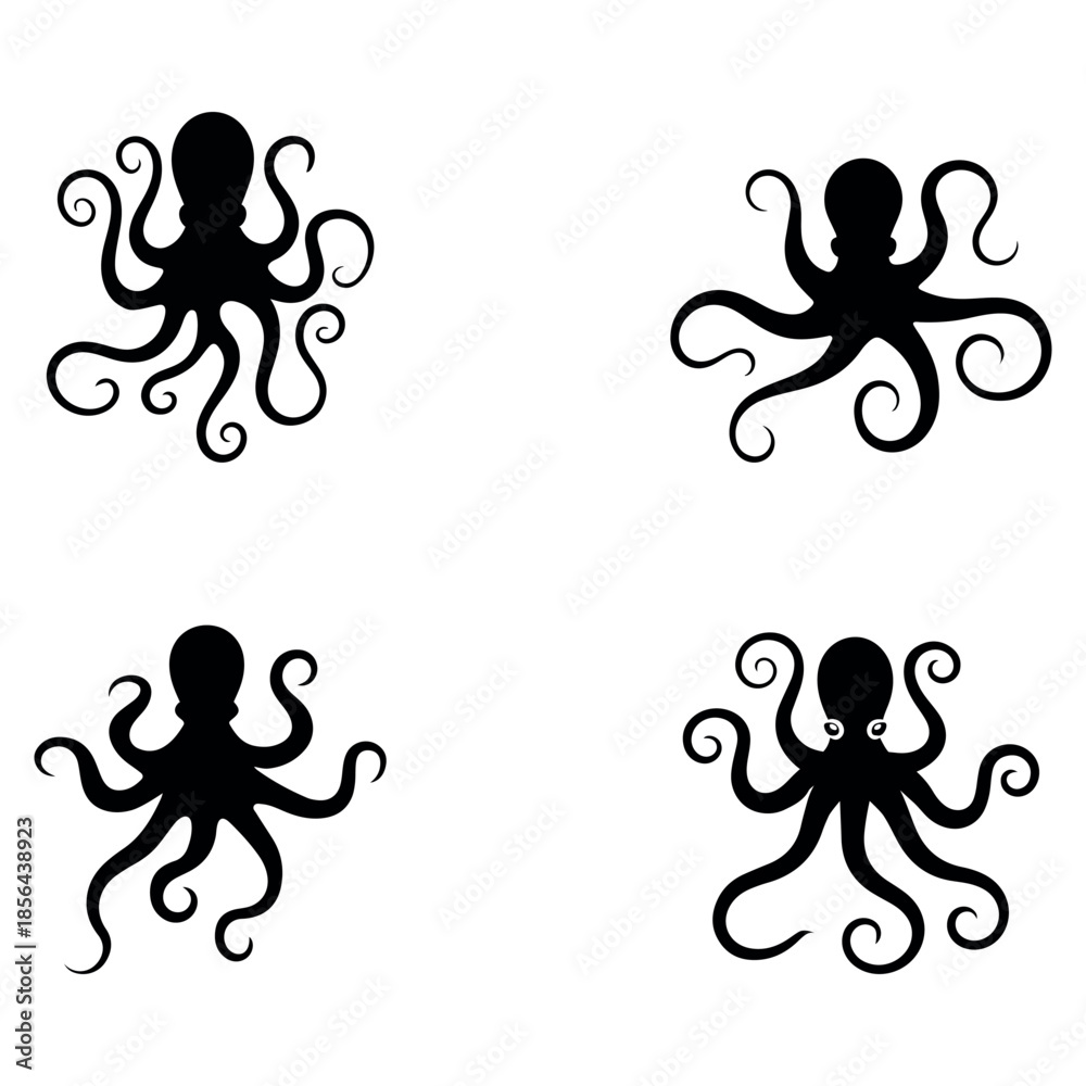 Naklejka premium Octopus silhouette set isolated on transparent background. Marine animal collection perfect for ocean, sea life, tattoo, and nautical themed designs.