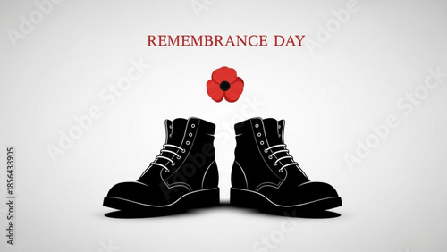Remembrance day symbol with black combat boots and red poppy flower