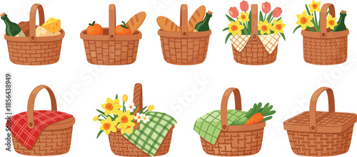 Picnic basket vector illustration set featuring woven wicker baskets filled with wine cheese bread fruits spring flowers and vegetables isolated on white background for design