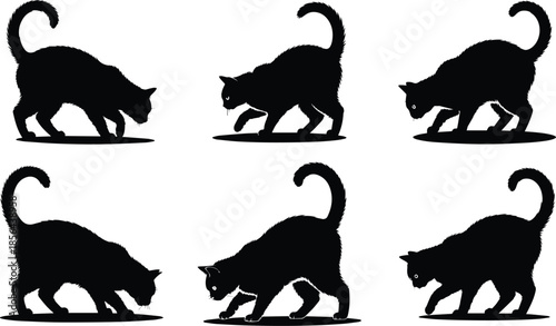 Set of Minimalist black cat pawing at ground silhouette vector icon
