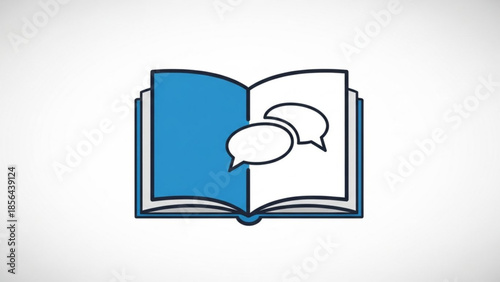 Open book with speech bubbles, symbolizing education, communication, and knowledge sharing, learning concept