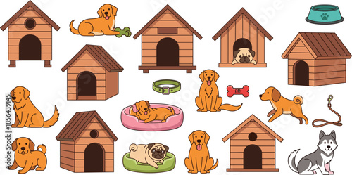 Pet shop and dog care vector illustration set featuring wooden dog houses golden retriever puppy pug husky pet beds collar bone and food bowl symbols